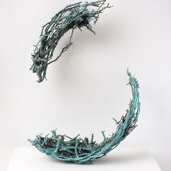 Negotiation, cast bronze from brambles pulled from a large pipe, patina, 2 ft x 15 in x 12 in, 2016