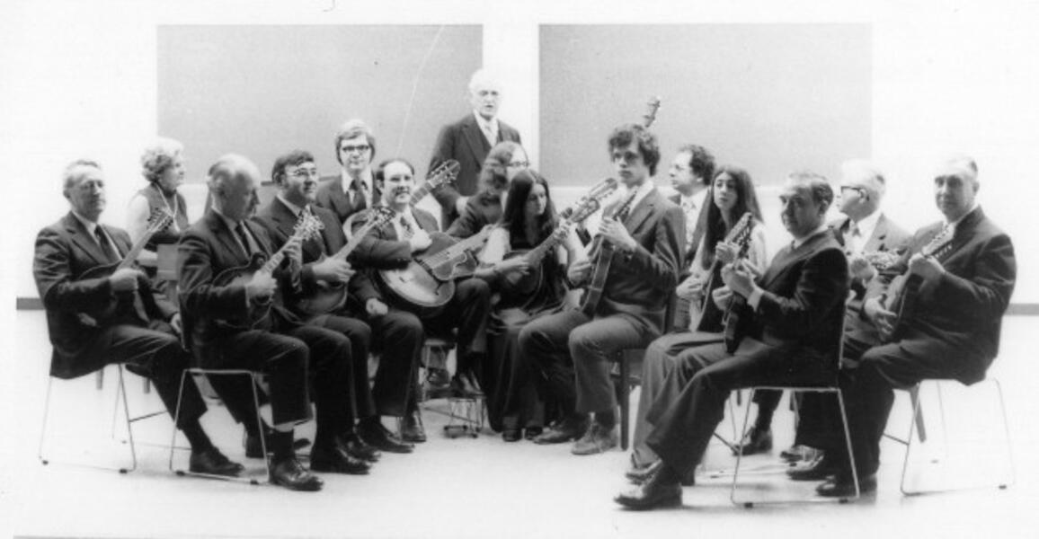 The newly re-formed Baltimore Mandolin Orchestra in 1975 with director Conrad Gebelein (standing, center rear)