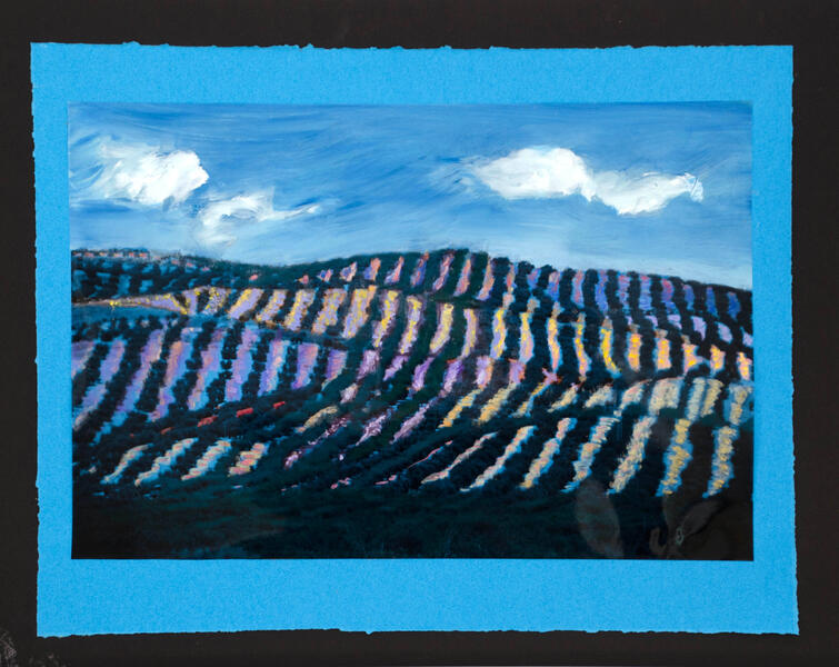 Indigo Hills Spain from the Train & Other Landscapes painted transparency 13x19 on colored paper mounted on black foamcore 20x 25jpg.jpg