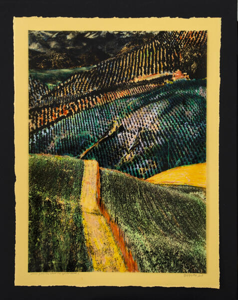 The Yellow Road. Spain from the Train Painted transparency on colored paper mounted on foamcore  20v25'jpg.jpg