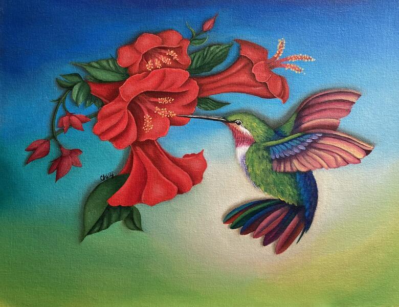 Elegance in Bloom II: Hummingbird & Red Nectars